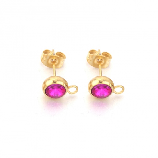 Picture of 2 PCs Stainless Steel Ear Post Stud Earrings Round 18K Gold Color Fuchsia Rhinestone With Loop 12mm x 9mm