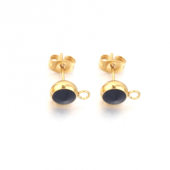 Picture of 2 PCs Stainless Steel Ear Post Stud Earrings Round 18K Gold Color Black Rhinestone With Loop 12mm x 9mm