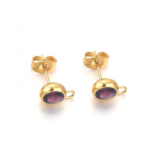 Picture of 2 PCs Stainless Steel Ear Post Stud Earrings Round 18K Gold Color Deep Purple Rhinestone With Loop 12mm x 9mm