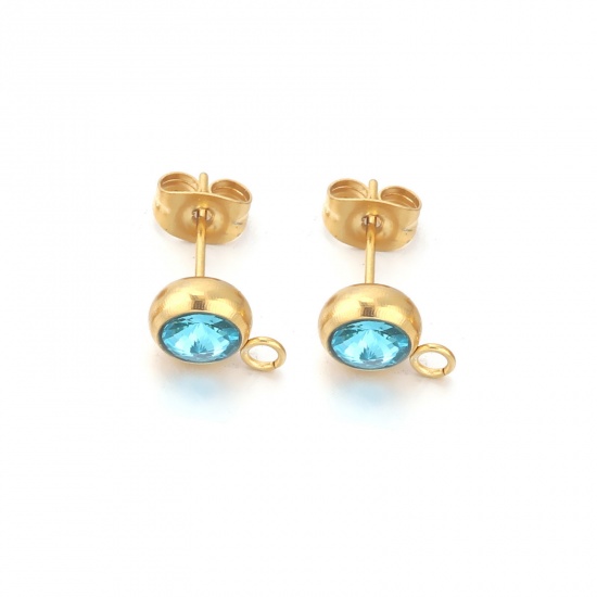 Picture of 2 PCs Stainless Steel Ear Post Stud Earrings Round 18K Gold Color Skyblue Rhinestone With Loop 12mm x 9mm