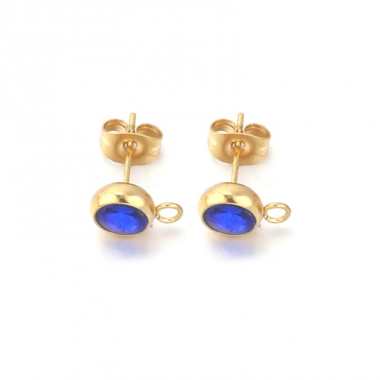 Picture of 2 PCs Stainless Steel Ear Post Stud Earrings Round 18K Gold Color Royal Blue Rhinestone With Loop 12mm x 9mm