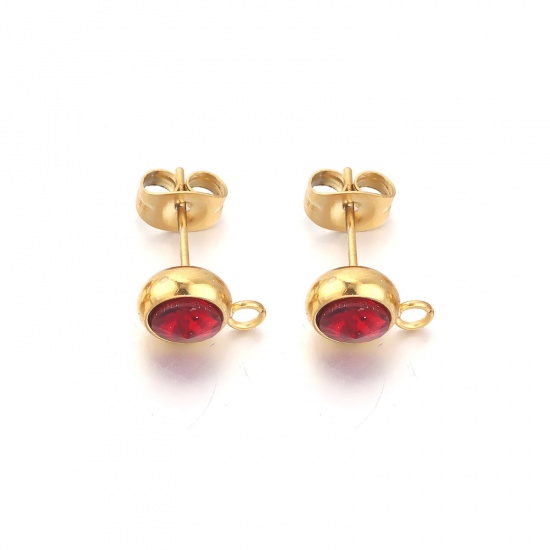 Picture of 2 PCs Stainless Steel Ear Post Stud Earrings Round 18K Gold Color Dark Red Rhinestone With Loop 12mm x 9mm