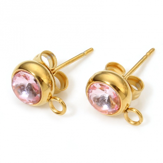 Picture of 2 PCs Stainless Steel Ear Post Stud Earrings Round 18K Gold Color Light Pink Rhinestone With Loop 12mm x 9mm