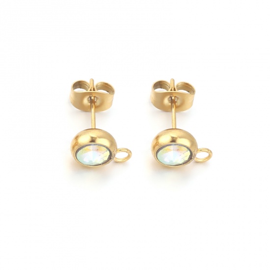 Picture of 2 PCs Stainless Steel Ear Post Stud Earrings Round 18K Gold Color Multicolor Rhinestone With Loop 12mm x 9mm