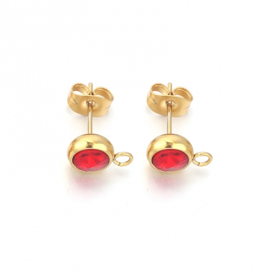 Picture of 2 PCs Stainless Steel Ear Post Stud Earrings Round 18K Gold Color Red Rhinestone With Loop 12mm x 9mm