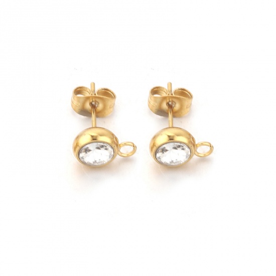 Picture of 2 PCs Stainless Steel Ear Post Stud Earrings Round 18K Gold Color Clear Rhinestone With Loop 12mm x 9mm