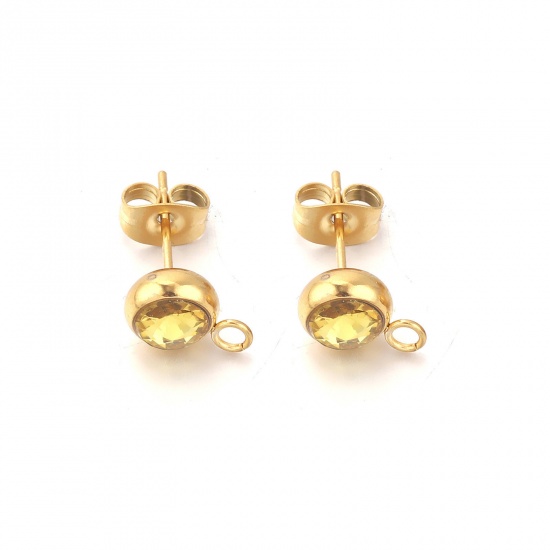 Picture of 2 PCs Stainless Steel Ear Post Stud Earrings Round 18K Gold Color Yellow Rhinestone With Loop 12mm x 9mm