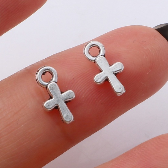 Picture of Zinc Based Alloy Religious Charms Antique Silver Color Cross 10mm x 5.5mm, 100 PCs