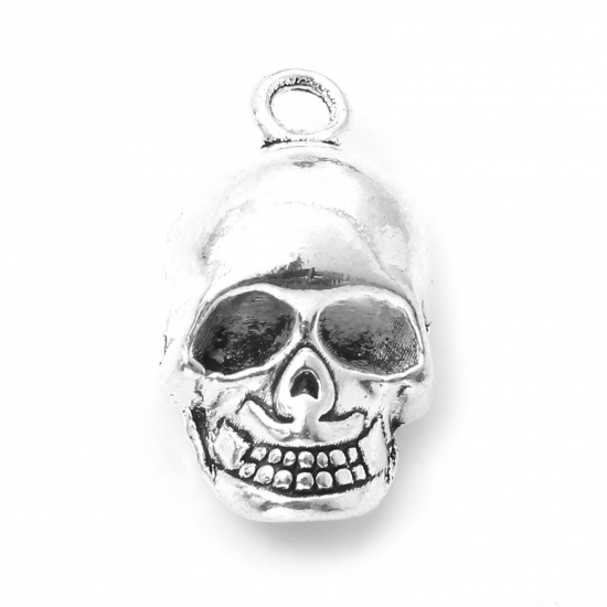 Picture of Zinc Based Alloy 3D Charms Antique Silver Color Halloween Skeleton Skull 20mm x 11mm, 10 PCs