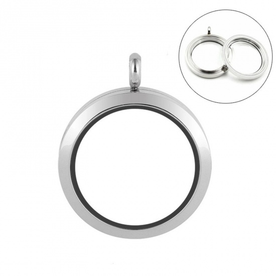 Picture of Titanium Steel & Glass Floating Living Memory Locket Charms Silver Tone Round Can Open 20mm Dia., 1 Piece