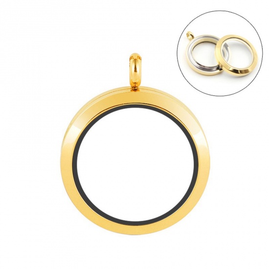 Picture of Titanium Steel & Glass Floating Living Memory Locket Charms Gold Plated Round Can Open 20mm Dia., 1 Piece