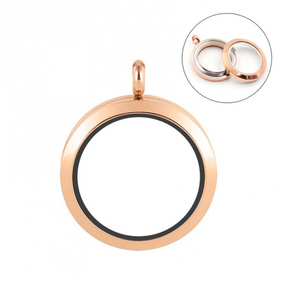 Picture of Titanium Steel & Glass Floating Living Memory Locket Charms Rose Gold Round Can Open 20mm Dia., 1 Piece