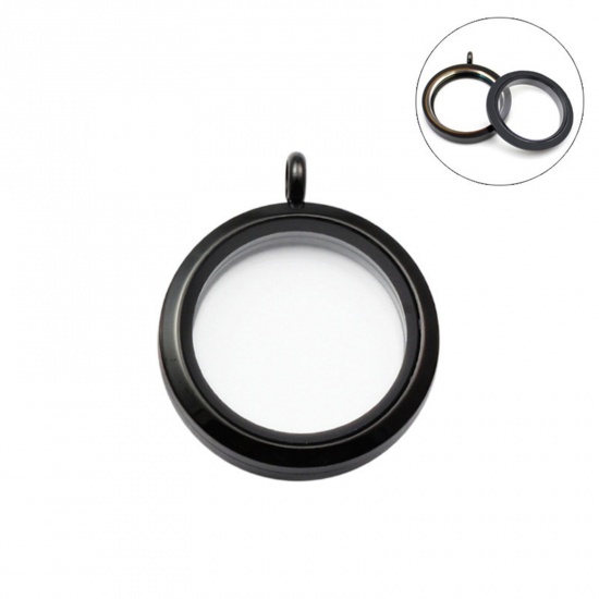 Picture of Titanium Steel & Glass Floating Living Memory Locket Charms Gunmetal Round Can Open 20mm Dia., 1 Piece