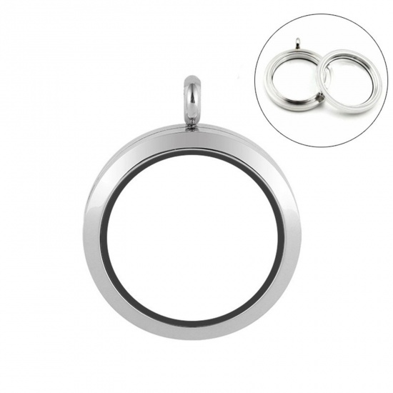Picture of Titanium Steel & Glass Floating Living Memory Locket Charms Silver Tone Round Can Open 25mm Dia., 1 Piece