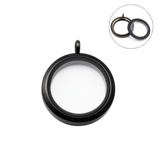 Picture of Titanium Steel & Glass Floating Living Memory Locket Charms Gunmetal Round Can Open 25mm Dia., 1 Piece