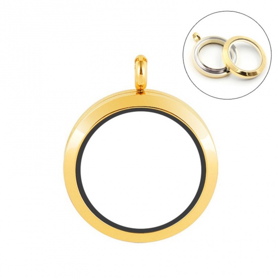 Picture of Titanium Steel & Glass Floating Living Memory Locket Charms Gold Plated Round Can Open 30mm Dia., 1 Piece