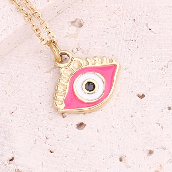 Picture of Stainless Steel Religious Curb Link Chain Necklace Gold Plated Fuchsia Evil Eye Enamel 40cm(15 6/8") long, 1 Piece