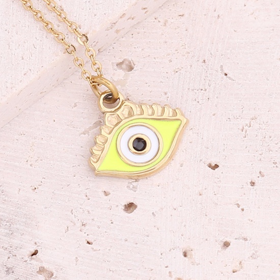 Picture of Stainless Steel Religious Curb Link Chain Necklace Gold Plated Yellow Evil Eye Enamel 40cm(15 6/8") long, 1 Piece