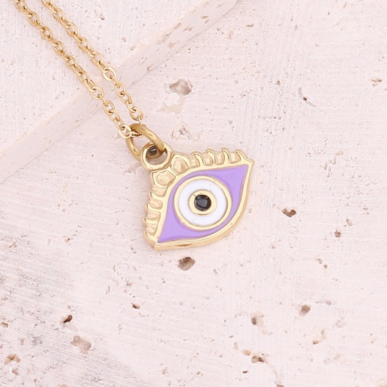 Picture of Stainless Steel Religious Curb Link Chain Necklace Gold Plated Purple Evil Eye Enamel 40cm(15 6/8") long, 1 Piece