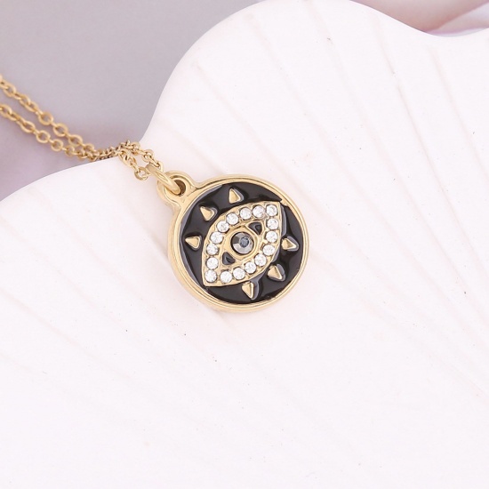 Picture of Stainless Steel Religious Curb Link Chain Necklace Gold Plated Black Round Evil Eye Enamel Clear Rhinestone 40cm(15 6/8") long, 1 Piece