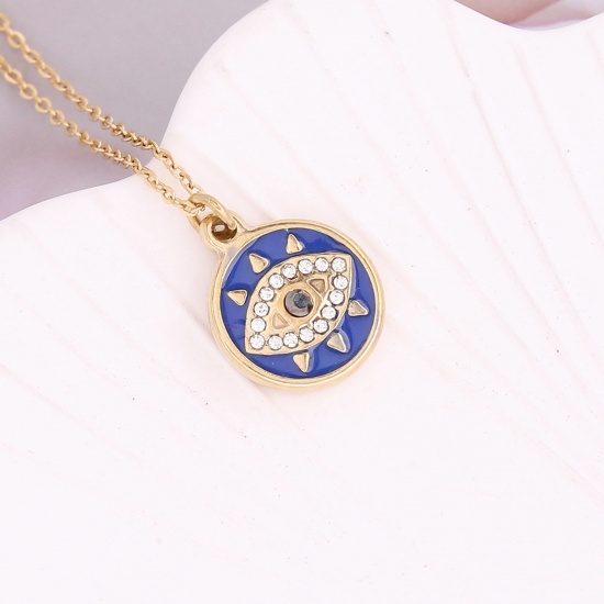Picture of Stainless Steel Religious Curb Link Chain Necklace Gold Plated Royal Blue Round Evil Eye Enamel Clear Rhinestone 40cm(15 6/8") long, 1 Piece