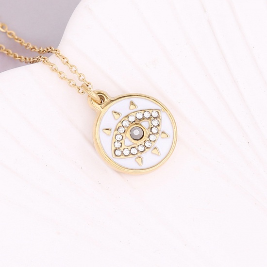 Picture of Stainless Steel Religious Curb Link Chain Necklace Gold Plated White Round Evil Eye Enamel Clear Rhinestone 40cm(15 6/8") long, 1 Piece