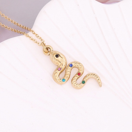 Picture of Stainless Steel Curb Link Chain Necklace Gold Plated Snake Animal Multicolor Rhinestone 40cm(15 6/8") long, 1 Piece