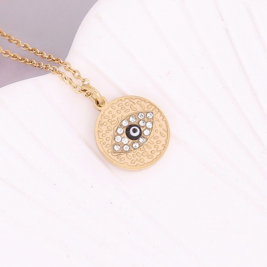 Picture of Stainless Steel Religious Curb Link Chain Necklace Gold Plated Royal Blue Round Evil Eye Clear Rhinestone 40cm(15 6/8") long, 1 Piece