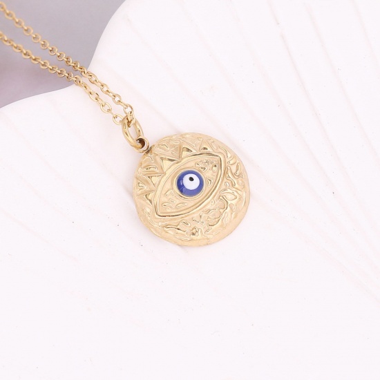 Picture of Stainless Steel Religious Curb Link Chain Necklace Gold Plated Royal Blue Round Evil Eye Enamel 40cm(15 6/8") long, 1 Piece