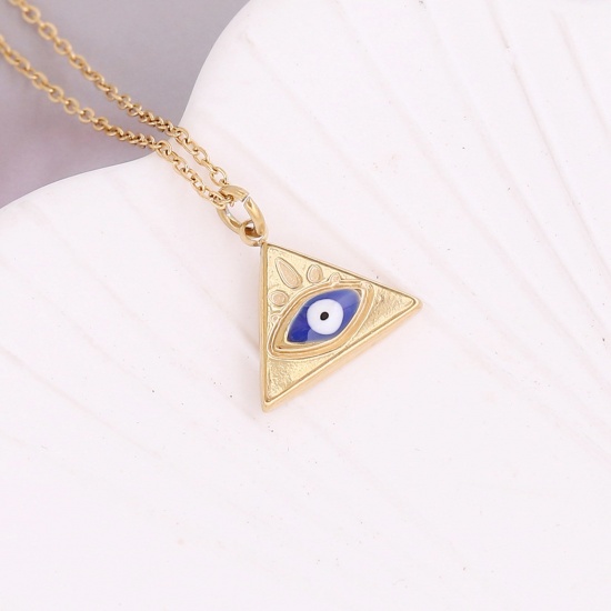 Picture of Stainless Steel Religious Curb Link Chain Necklace Gold Plated Royal Blue Triangle Evil Eye Enamel 40cm(15 6/8") long, 1 Piece