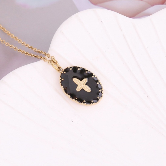 Picture of Stainless Steel Religious Curb Link Chain Necklace Gold Plated Black Oval Cross Enamel 40cm(15 6/8") long, 1 Piece