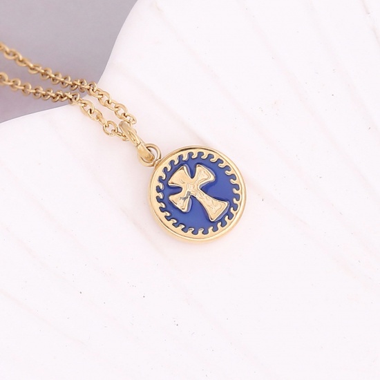 Picture of Stainless Steel Religious Curb Link Chain Necklace Gold Plated Royal Blue Round Cross Enamel 40cm(15 6/8") long, 1 Piece