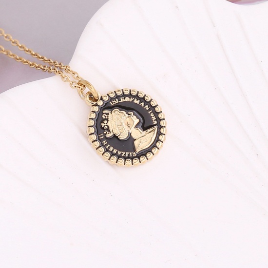Picture of Stainless Steel Curb Link Chain Necklace Gold Plated Black Round Head Portrait Enamel 40cm(15 6/8") long, 1 Piece