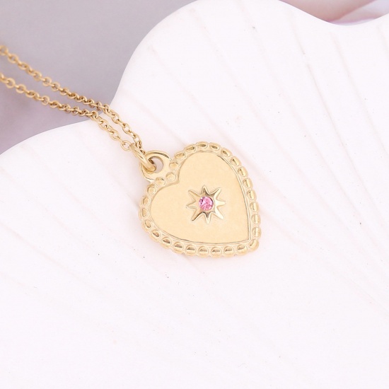 Picture of Stainless Steel Valentine's Day Curb Link Chain Necklace Gold Plated Orange Heart Star Pink Rhinestone 40cm(15 6/8") long, 1 Piece