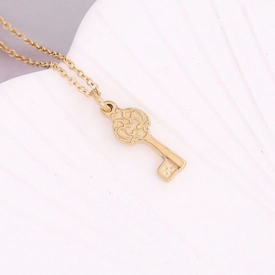 Picture of Stainless Steel Curb Link Chain Necklace Gold Plated Key Carved Pattern 40cm(15 6/8") long, 1 Piece