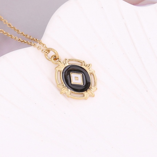 Picture of Stainless Steel Curb Link Chain Necklace Gold Plated Black Oval Rhombus Enamel 40cm(15 6/8") long, 1 Piece