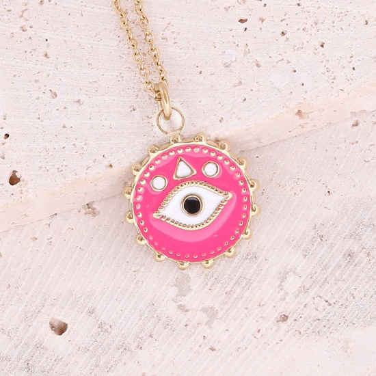 Picture of Stainless Steel Religious Curb Link Chain Necklace Gold Plated Fuchsia Round Evil Eye Enamel 40cm(15 6/8") long, 1 Piece