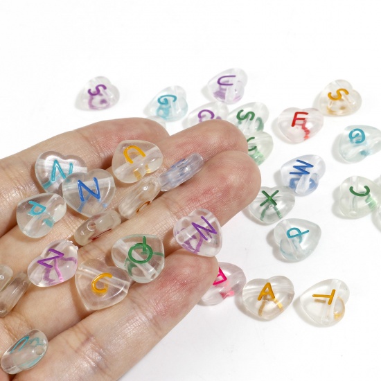 Picture of Acrylic Beads Heart At Random Color Initial Alphabet/ Capital Letter Pattern Message " A-Z " About 12mm x 11mm, Hole: Approx 1.7mm, 200 PCs