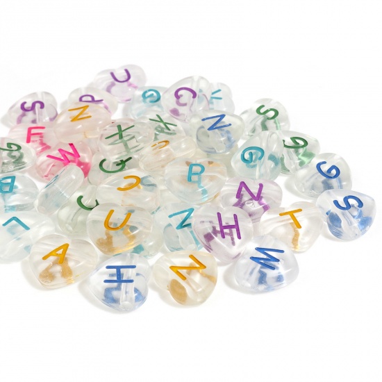 Picture of Acrylic Beads Heart At Random Color Initial Alphabet/ Capital Letter Pattern Message " A-Z " About 12mm x 11mm, Hole: Approx 1.7mm, 200 PCs