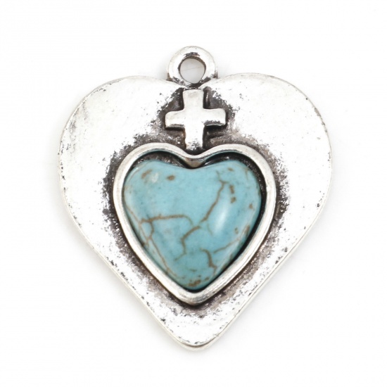 Picture of Zinc Based Alloy Boho Chic Bohemia Charms Antique Silver Color Heart Cross Imitation Turquoise 22mm x 19mm, 10 PCs