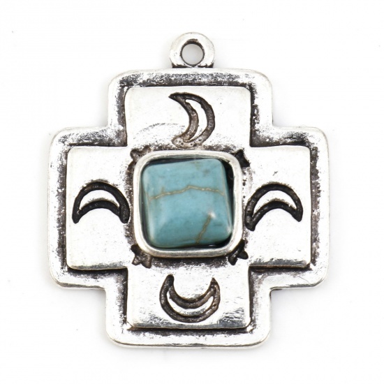 Picture of Zinc Based Alloy Boho Chic Bohemia Charms Antique Silver Color Cross Moon Imitation Turquoise 25mm x 22mm, 10 PCs