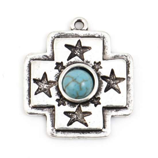 Immagine di Lega di Zinco Stile Bohemien Charms Croce Argento Antico Stella Turchese Imitato 25mm x 22mm , 10 Pz