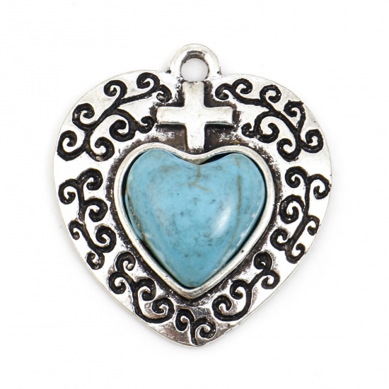 Picture of Zinc Based Alloy Boho Chic Bohemia Charms Antique Silver Color Heart Cross Imitation Turquoise 26mm x 24mm, 10 PCs