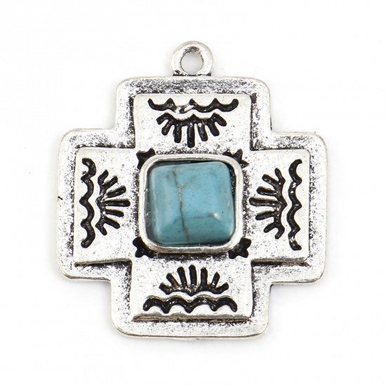 Picture of Zinc Based Alloy Boho Chic Bohemia Charms Antique Silver Color Cross Wave Imitation Turquoise 25mm x 22mm, 10 PCs
