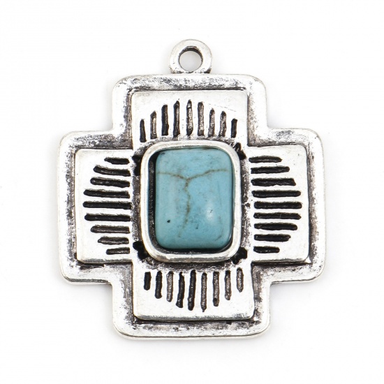 Picture of Zinc Based Alloy Boho Chic Bohemia Charms Antique Silver Color Cross Stripe Imitation Turquoise 25mm x 22mm, 10 PCs