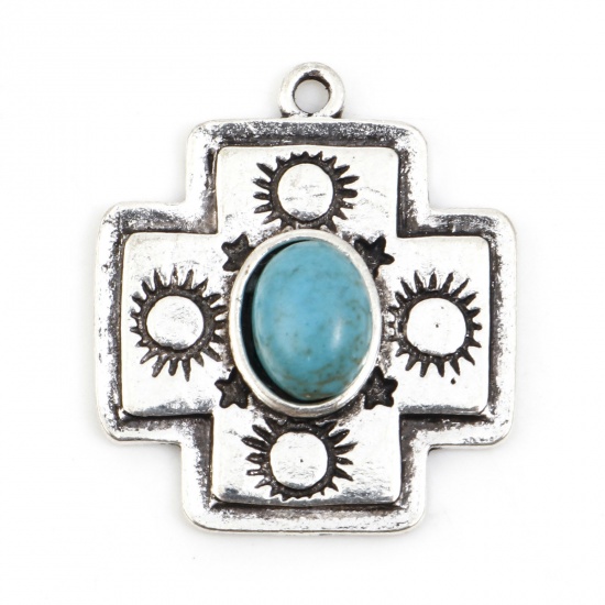 Picture of Zinc Based Alloy Boho Chic Bohemia Charms Antique Silver Color Cross Sun Imitation Turquoise 25mm x 22mm, 10 PCs