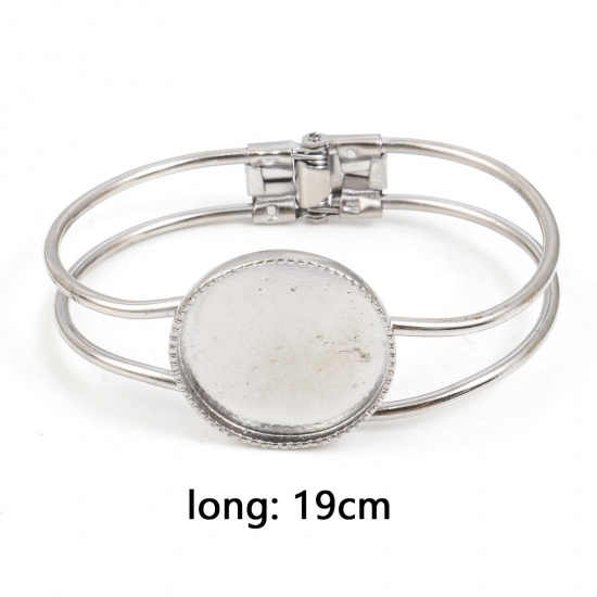 Picture of Zinc Based Alloy Cabochon Settings Bangles Bracelets Findings Round Silver Tone (Fits 25mm Dia.) 19cm(7 4/8") long, 1 Piece
