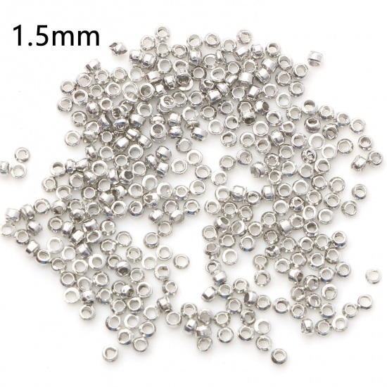 Picture of Brass Crimp Beads Cover Round Silver Tone 1.5mm Dia., Hole: Approx 0.6mm, 500 PCs                                                                                                                                                                             
