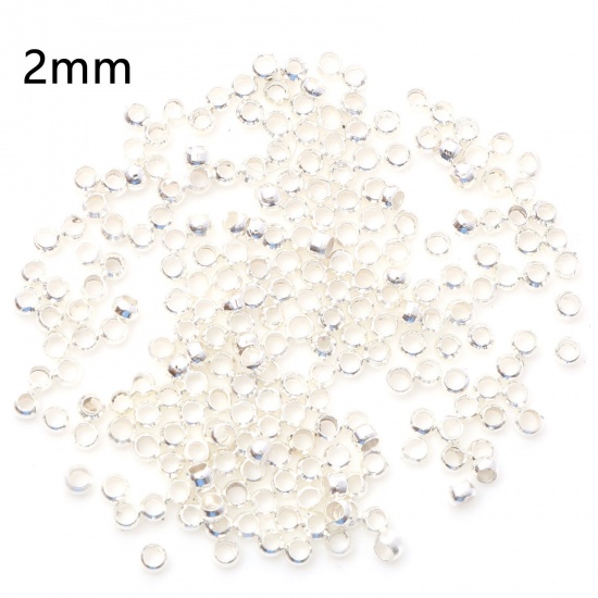 Picture of Brass Crimp Beads Cover Round Silver Plated 2mm Dia., Hole: Approx 1mm, 500 PCs                                                                                                                                                                               