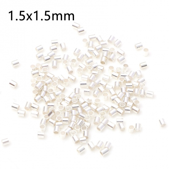 Picture of Brass Crimp Beads Cover Tube Silver Plated 1.5mm x 1.5mm, Hole: Approx 1mm, 500 PCs                                                                                                                                                                           